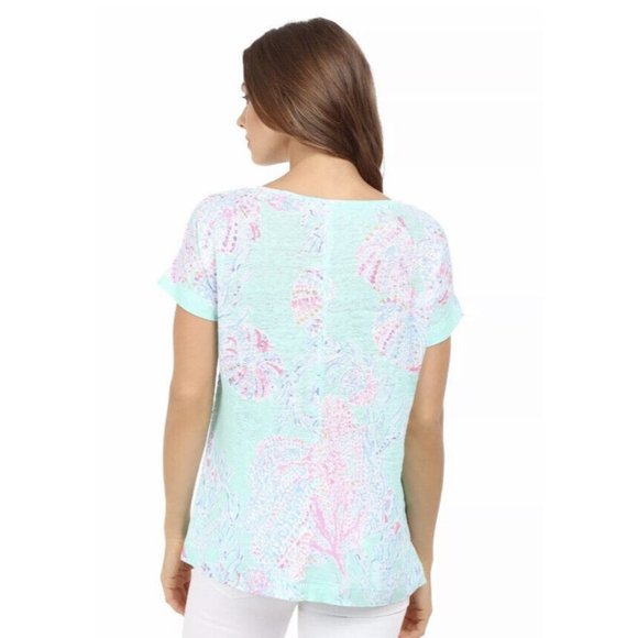 Lilly Pulitzer Top Size XS Mikela Minty Fresh Fansea Print 100% Linen Excellent - Picture 9 of 9
